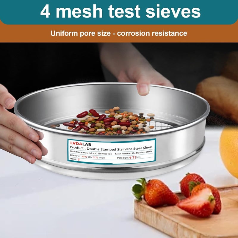 LVDALAB 304 Stainless Steel Lab Sieve Screen Mesh, 4 Mesh(4.75mm) Aperture Test Sieve, 15.75''(40cm) Diameter Economy Standard Analysis Sample Test Sieves for Industrial Laboratory Homes - Image 4